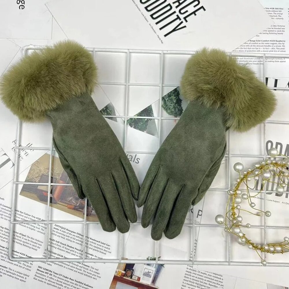 2/$30 Touchscreen Winter Gloves Olive Green Mink Faux Fur Wrist Surround